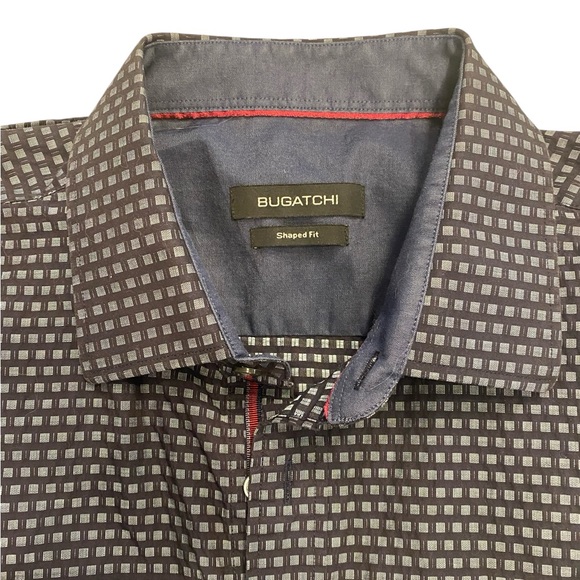 Bugatchi Shaped Fit Geometric Button Down Shirt Navy Gray‎ Modern Dress Shirt L - Picture 2 of 13